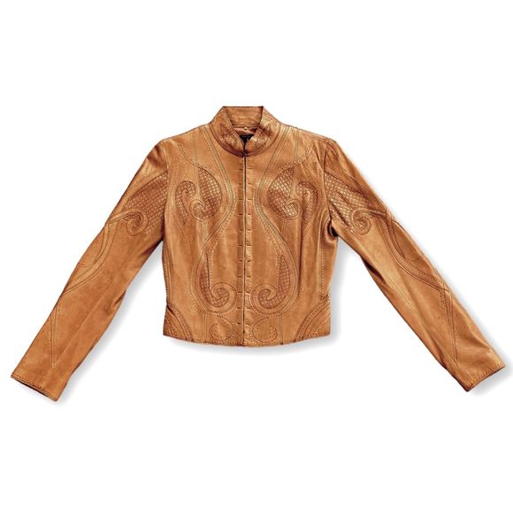 ELIE TAHARI X BERGDORF GOODMAN Cognac Ornate Leather Jacket, Size Small